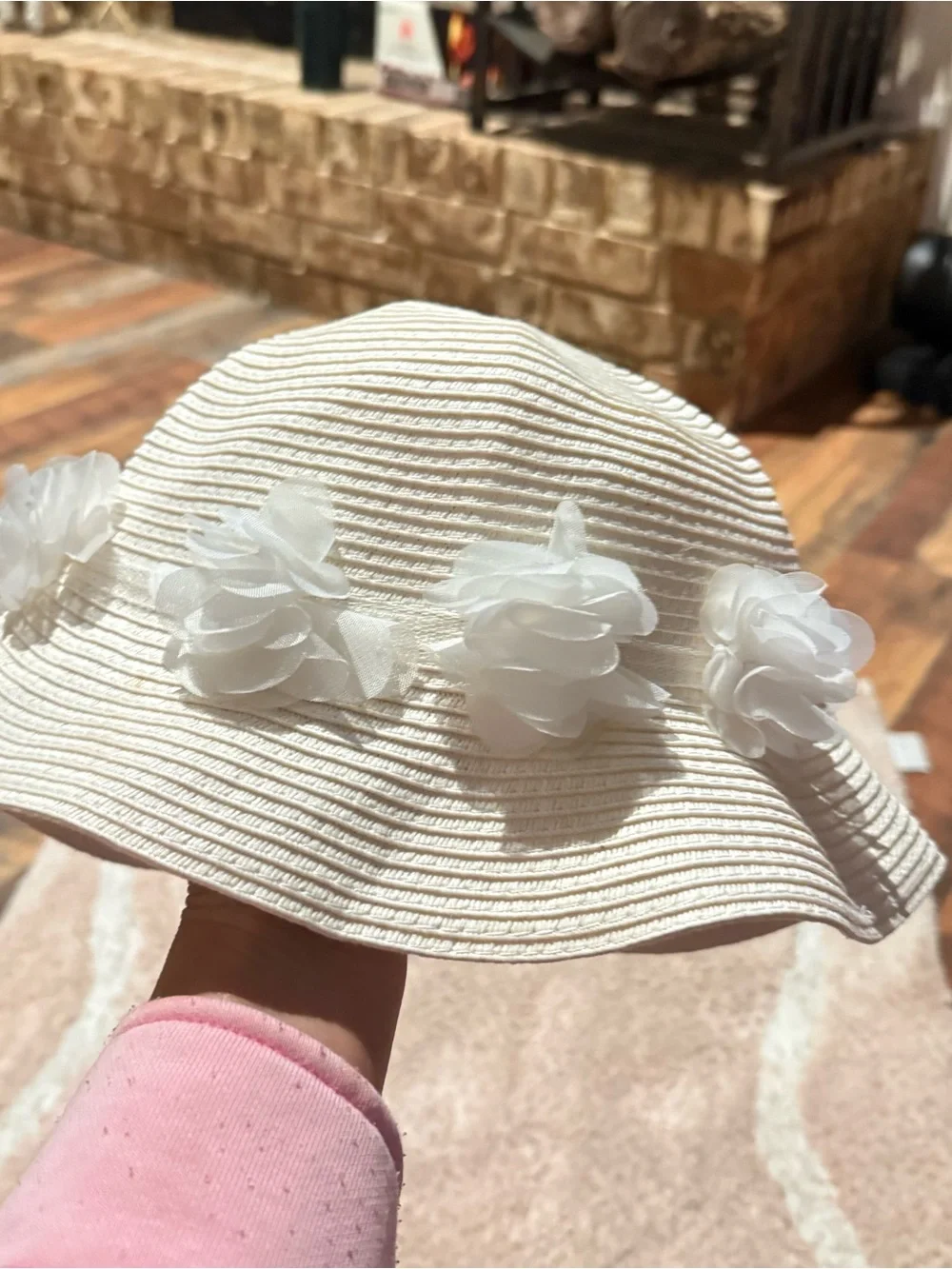 Kids White Floral Ribbon Straw Sun Hat